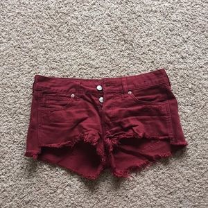Abercrombie & Fitch low rise maroon jean shorts 2 destroyed cut off red